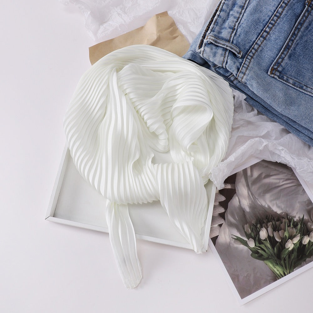 Pleated Satin Scarf Solid Square Lightweight Women N6G217