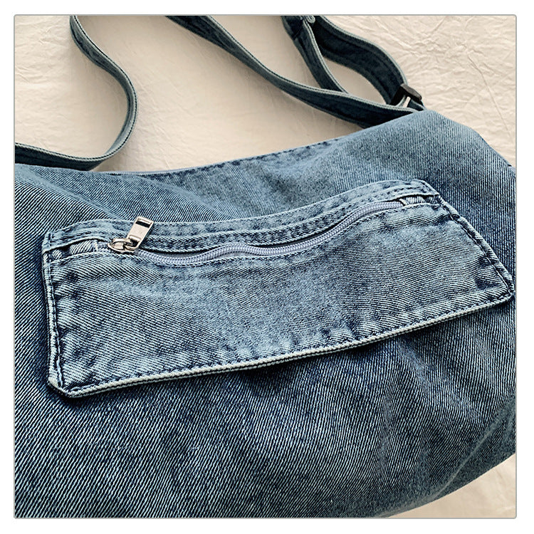 Women's Washed Denim Dumpling Tote Shoulder Bag N6J181