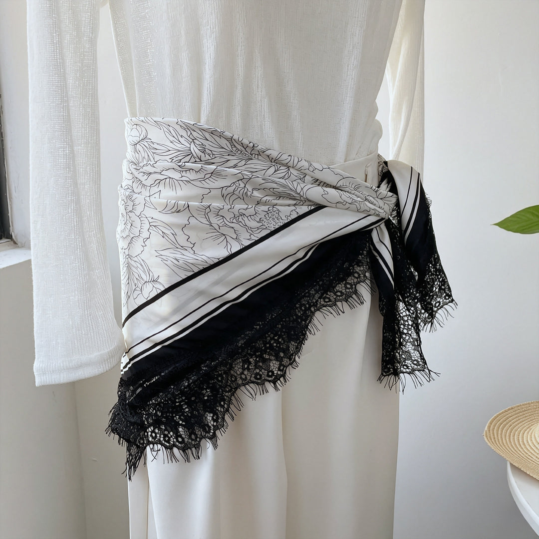 Vintage Lace Trim Satin Square Scarf 70cm Women N6H121