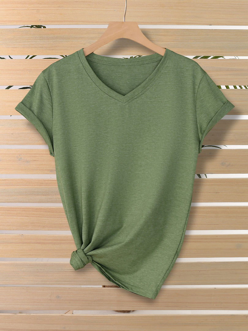 Minimalist Solid Color V-Neck T-Shirt Women N6E140