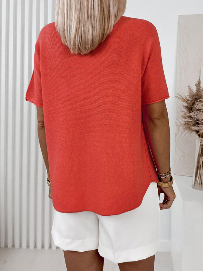 V-neck Relaxed Short Sleeve Knit Top Women Orange N6D138