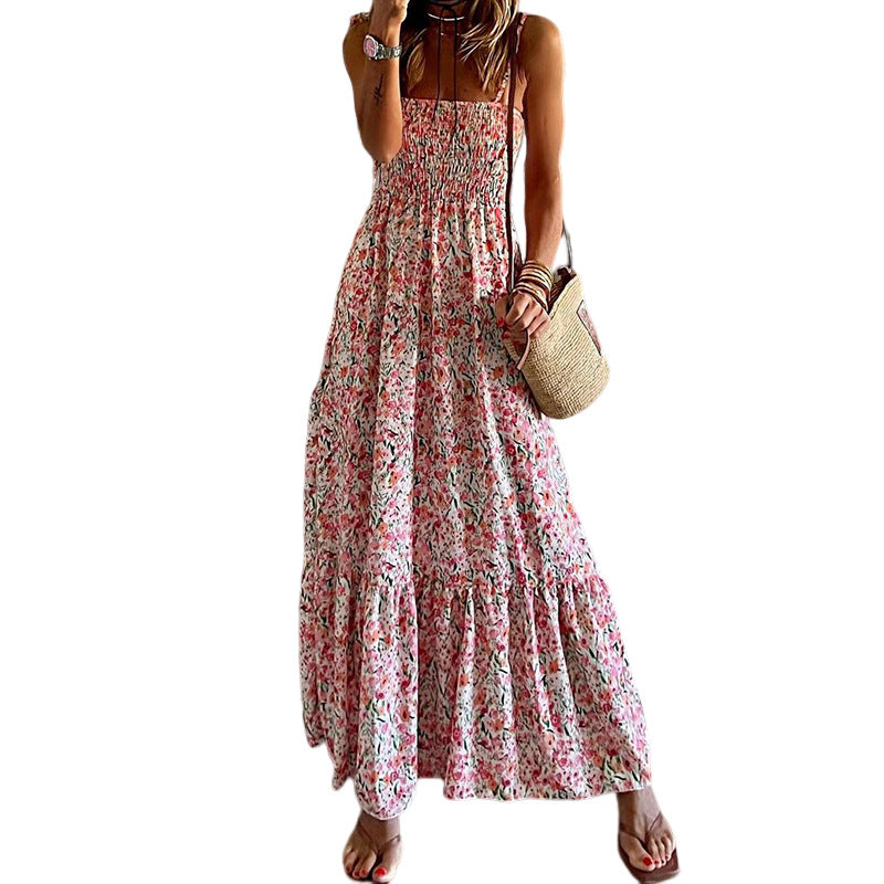 Bohemian Print Spaghetti Strap Dress Pink N5Z204
