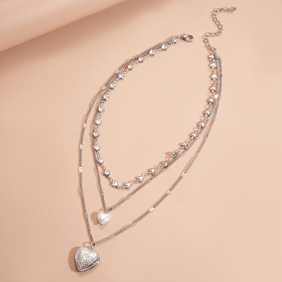 Vintage Faux Pearl Heart Layered Sweater Chain Women N6H149