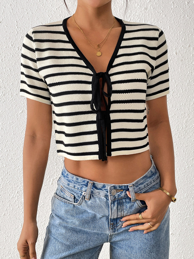 Striped Tie-Front Knit Cardigan Short Sleeve  N6G174