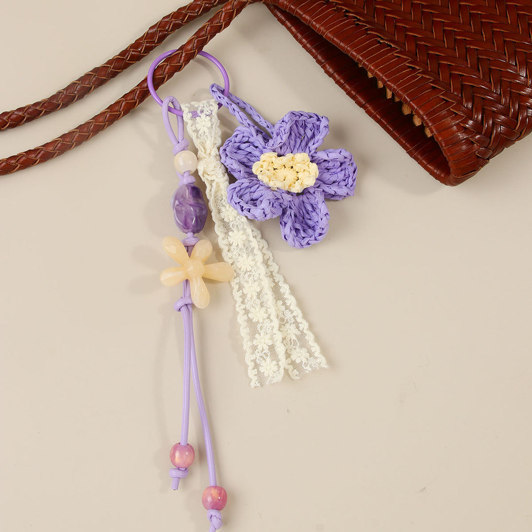 Raffia Double Flower Beaded Bag Charm Keychain N6G067
