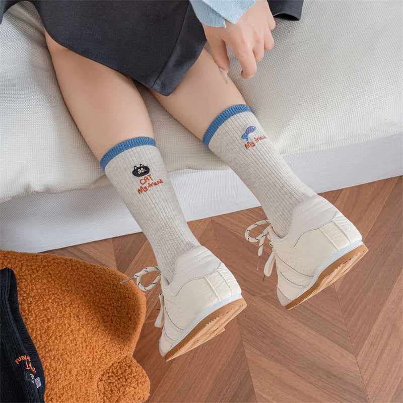 Contrast Color Block Cotton Mid Calf Socks M5A055