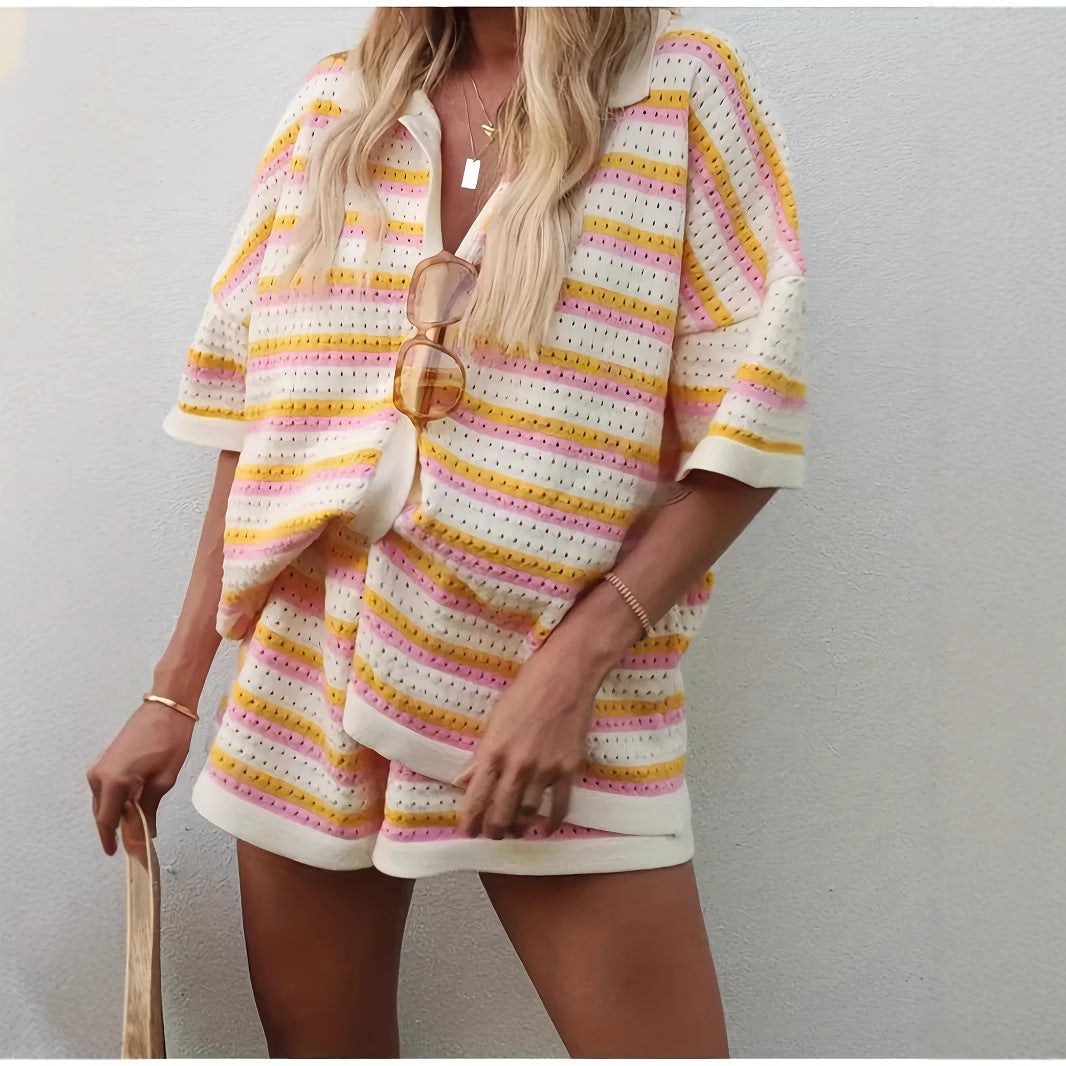 Knit Striped Lapel Short Sleeve Set Women N6D094