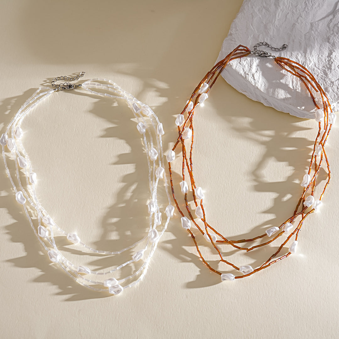 Vintage Multi-Layer Pearl Glass Bead Choker Necklace N6H146