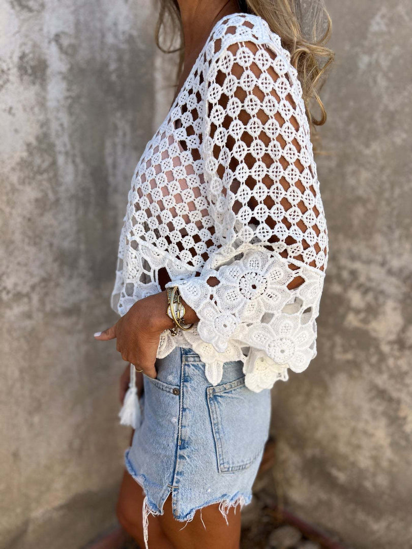 Crochet Hollow Knit Cover-Up V-Neck Tie N6G270