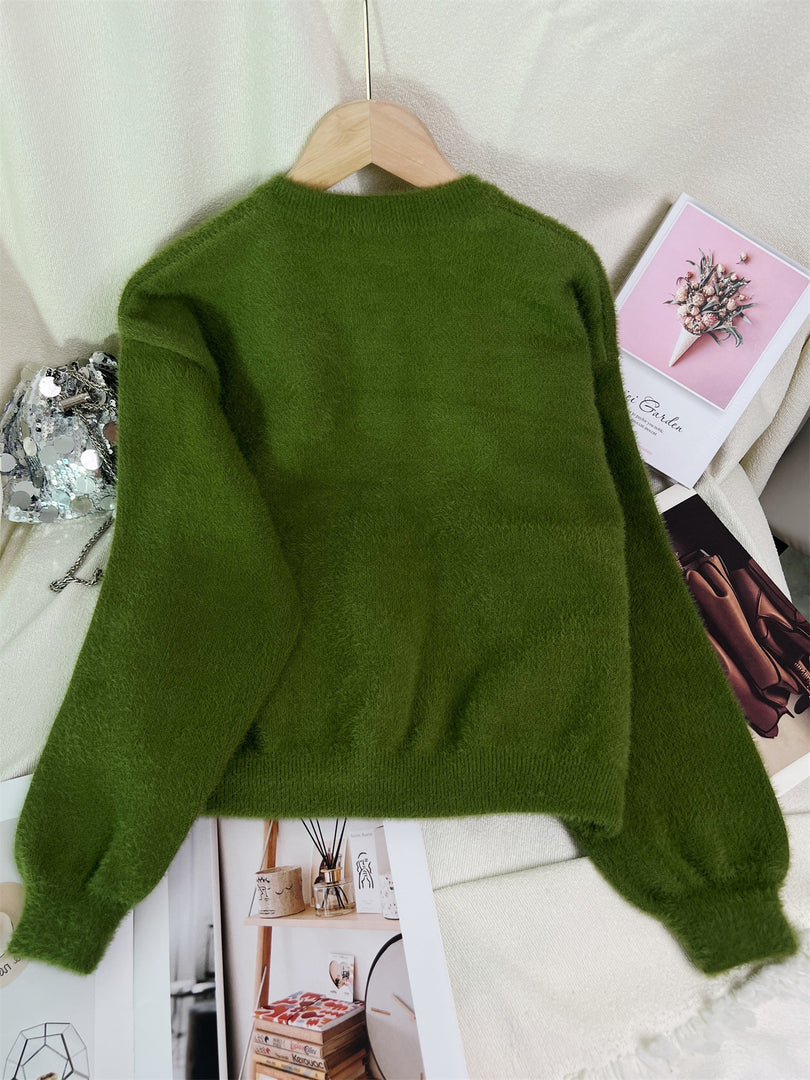 Faux Mink Pearl Button Cardigan Round Neck N6G141
