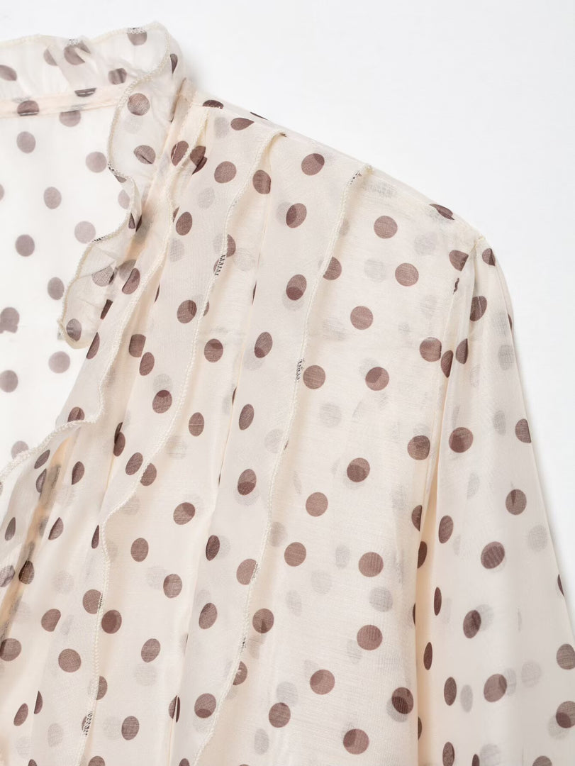 French Polka Dot V-Neck Ruffle Blouse Women N6F191
