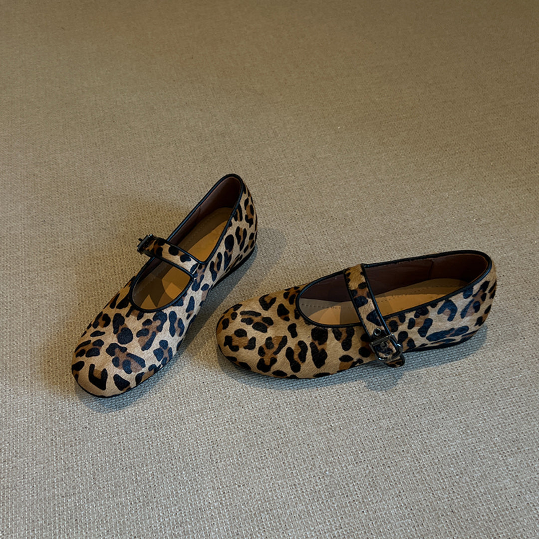 Retro Round Toe Leopard Pony Hair Mary Jane Flats N6C147