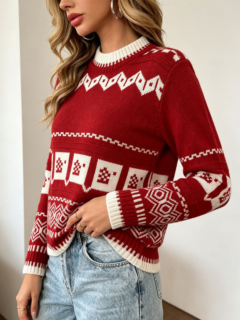 Fair Isle Geometric Jacquard Loose Pullover Sweater N6H285