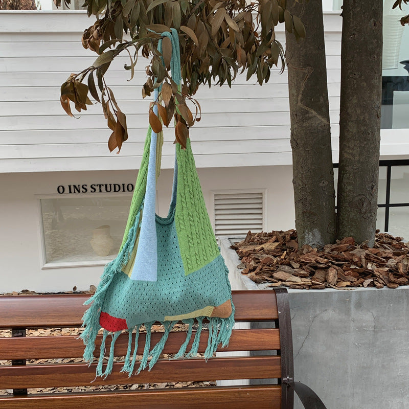 Crochet Fringe Color Block Tote Bag Women N6C046