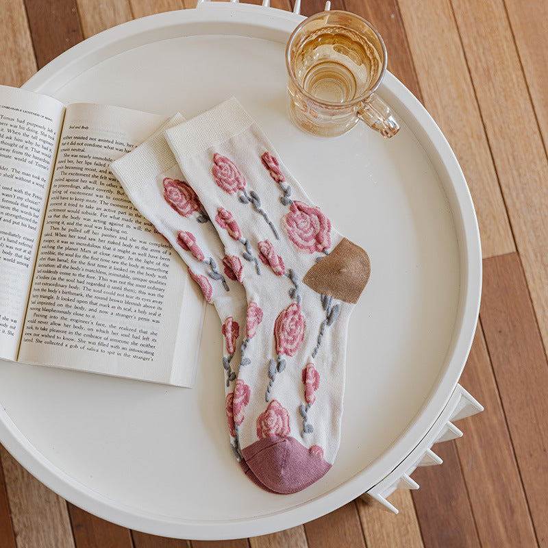 Rose Embossed Floral Embroidery Mid-Calf Stack Socks N6H014