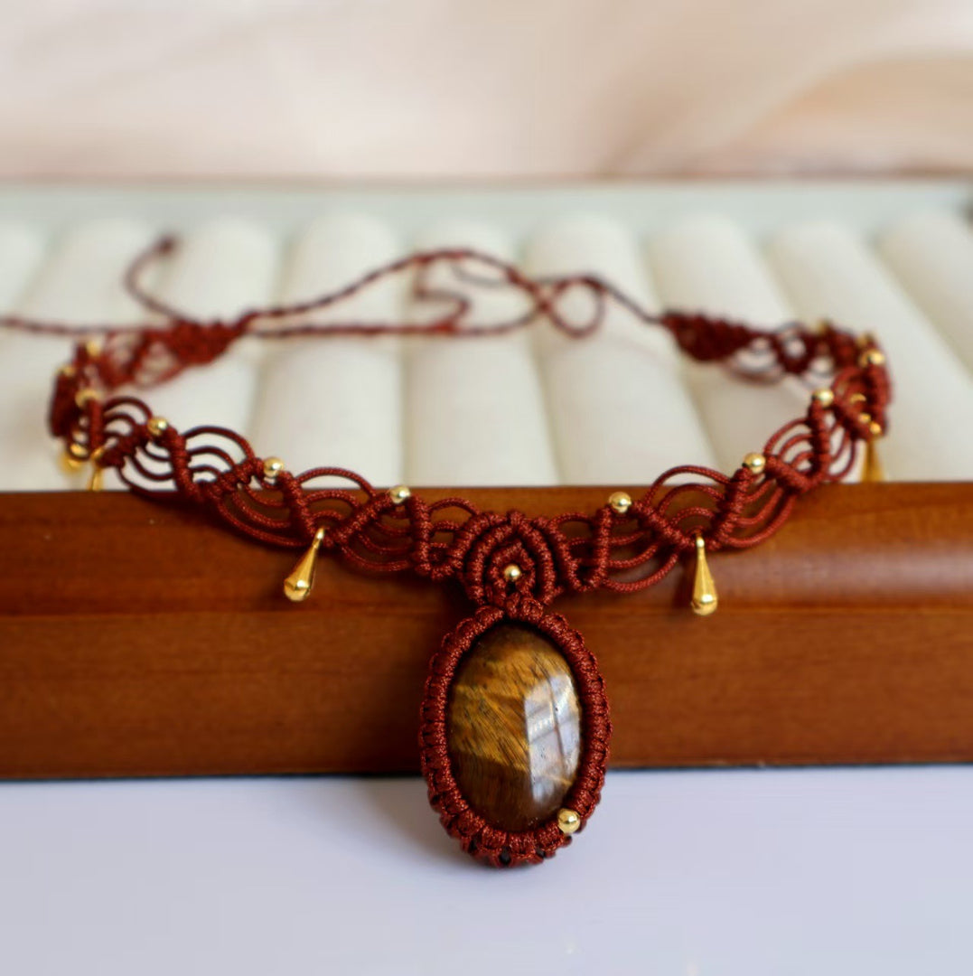 Tiger Eye Braided Necklace Handknit Stone S5P201