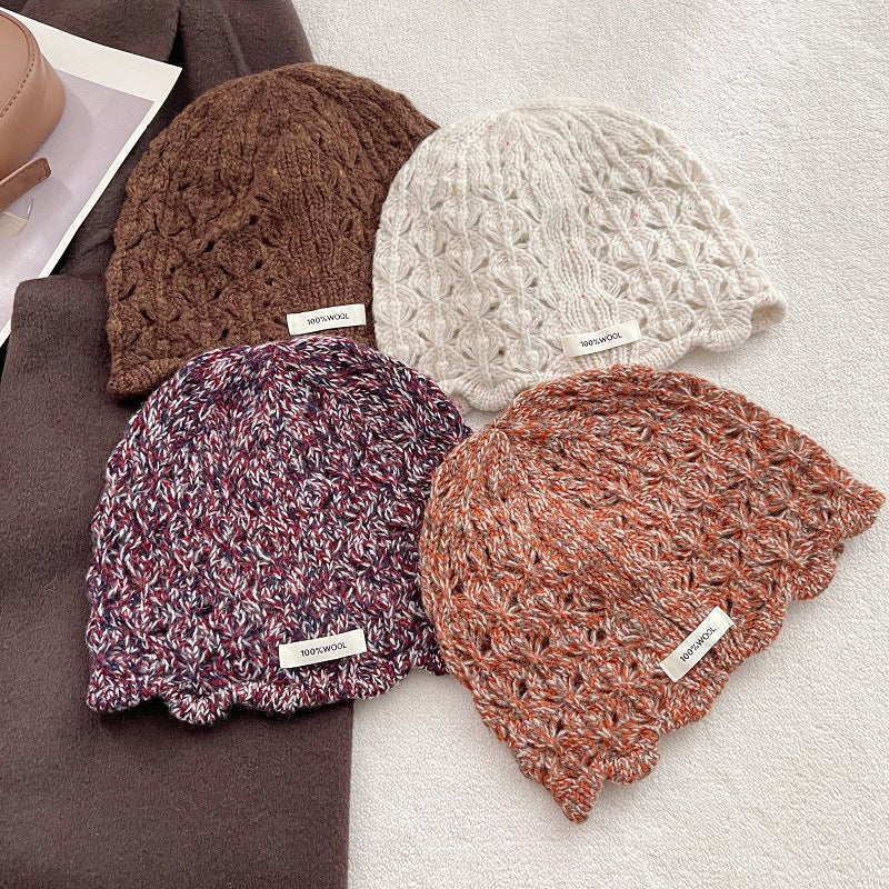 100% Wool Crochet Lace Hollow Knit Beanie Women N6H219
