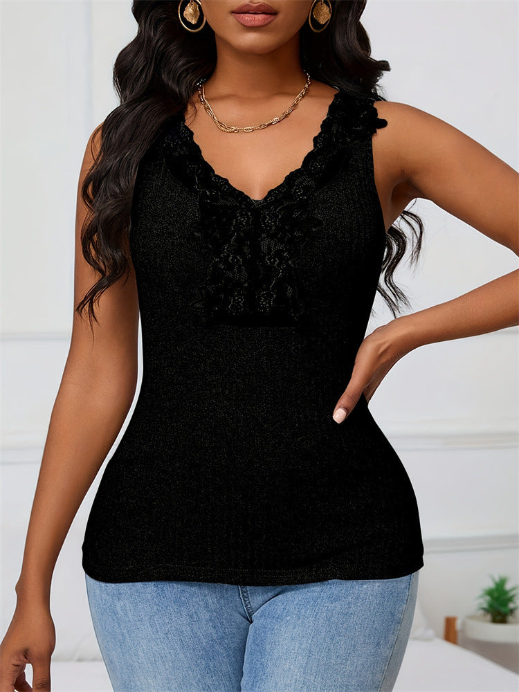Lace Trim V-Neck Ribbed Tank Top Women N6D206