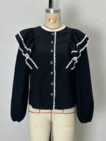 Load image into Gallery viewer, Black Puff Sleeve Lace Trim Blouse Women N6C261