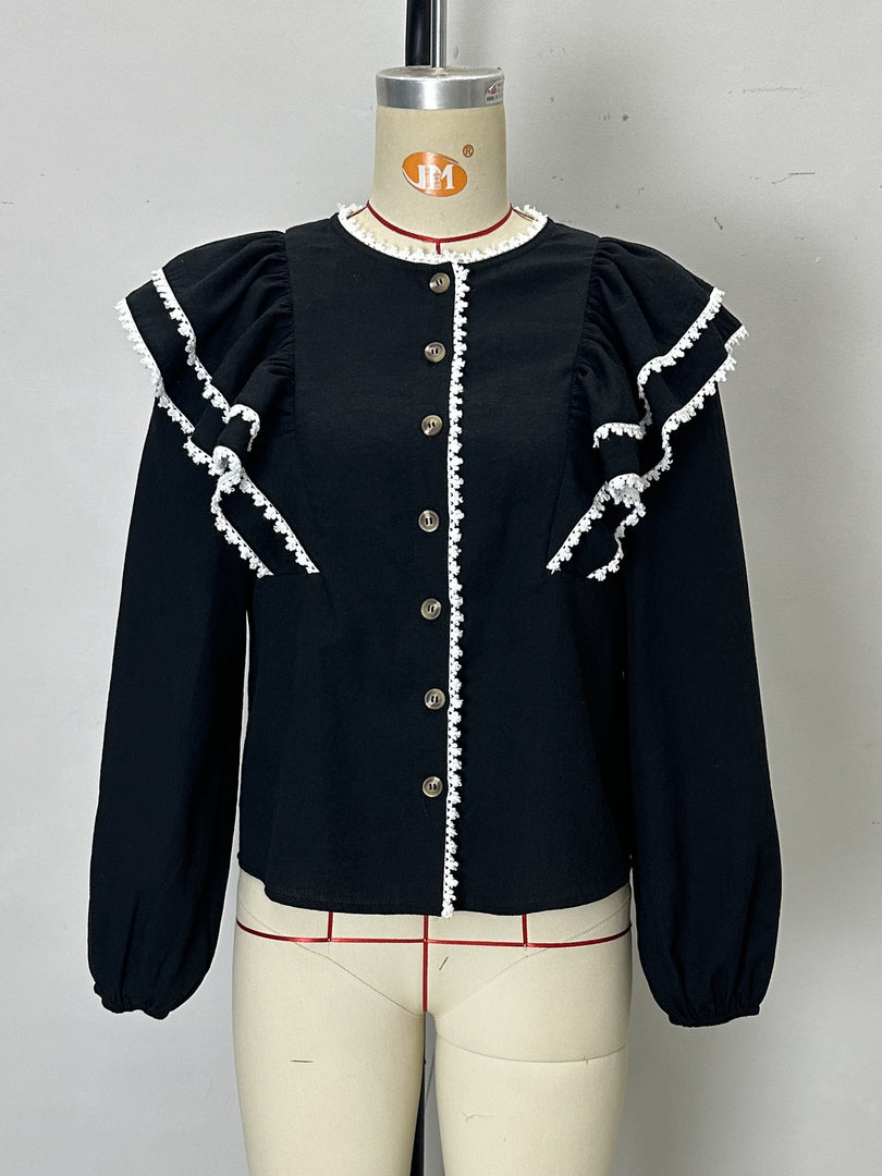Black Puff Sleeve Lace Trim Blouse Women N6C261