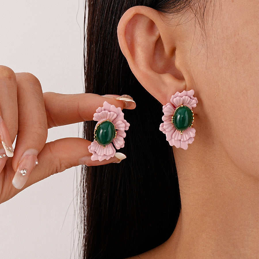 Oval Glass Bead Earrings Floral Motif S5P108