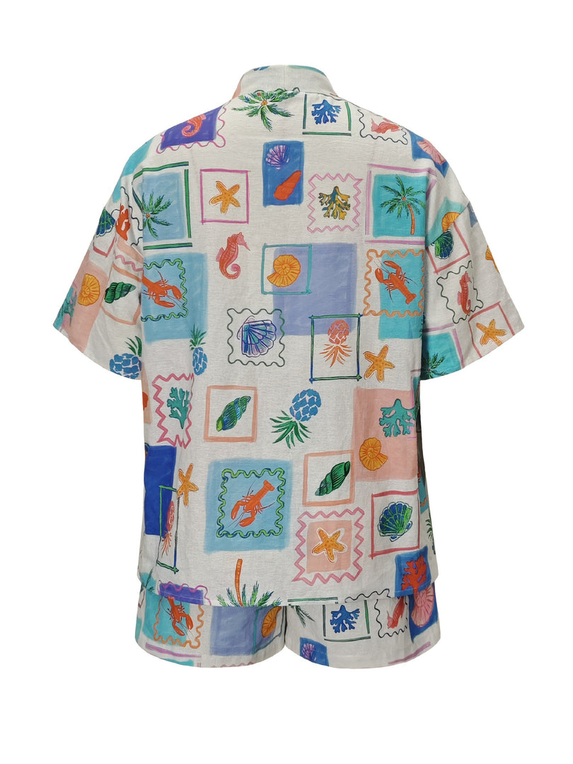 Doodle Print Open Front Shirt and Shorts Set N6C260