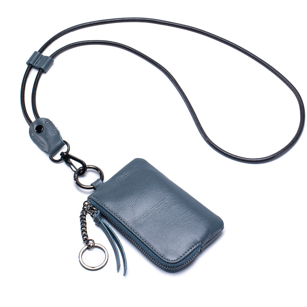 Genuine Leather Neck Lanyard Coin Card Key Pouch N6B218
