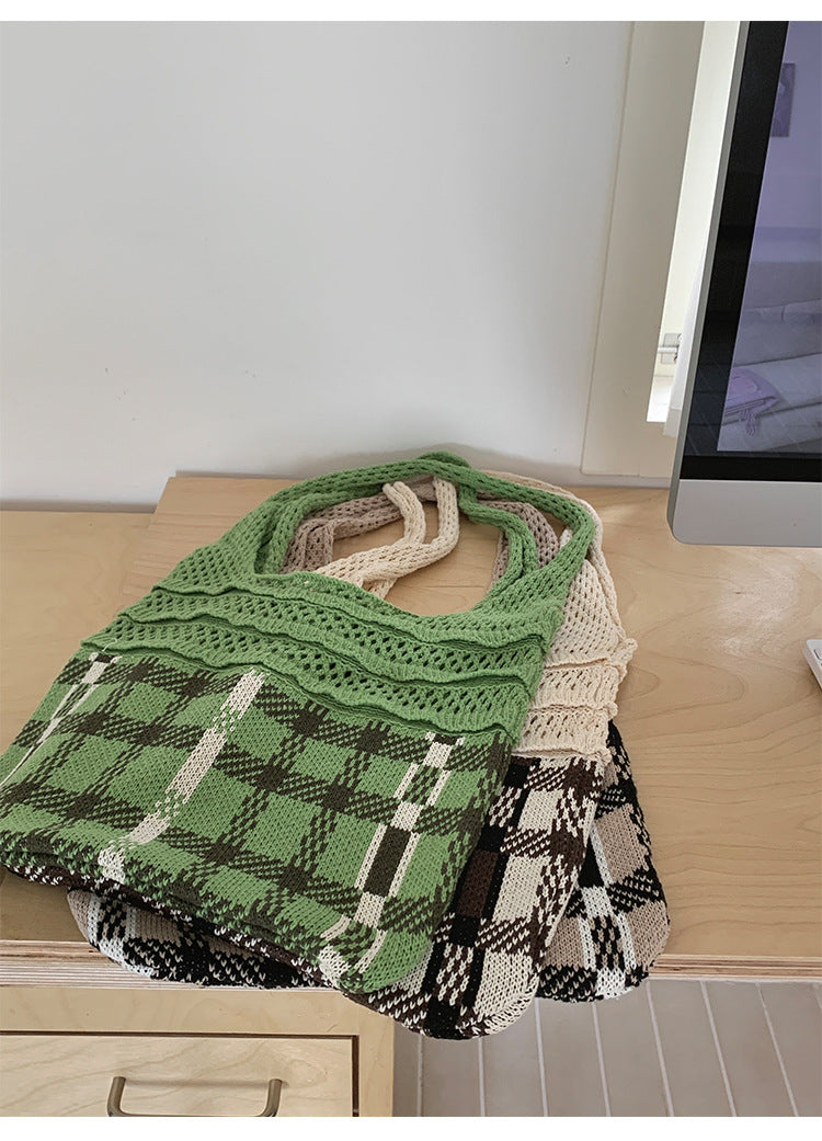 Gingham Openwork Knit Tote Bag Vintage Women N6C059
