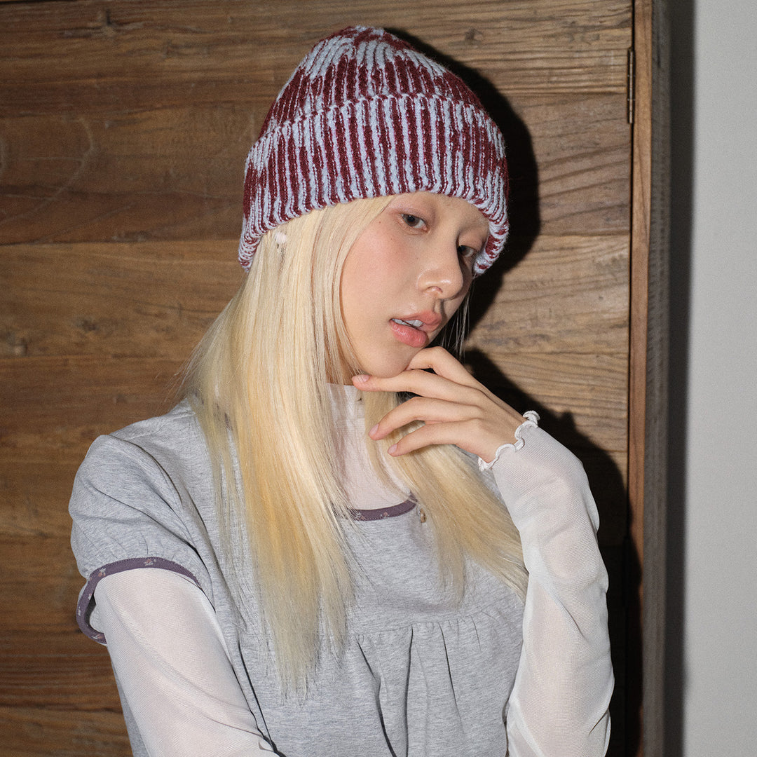 Unisex Wool Blend Diamond Colorblock Knit Beanie N6J106