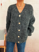 Load image into Gallery viewer, Antique Gold V Button Cardigan Ultra Heavy Charcoal N5Z900
