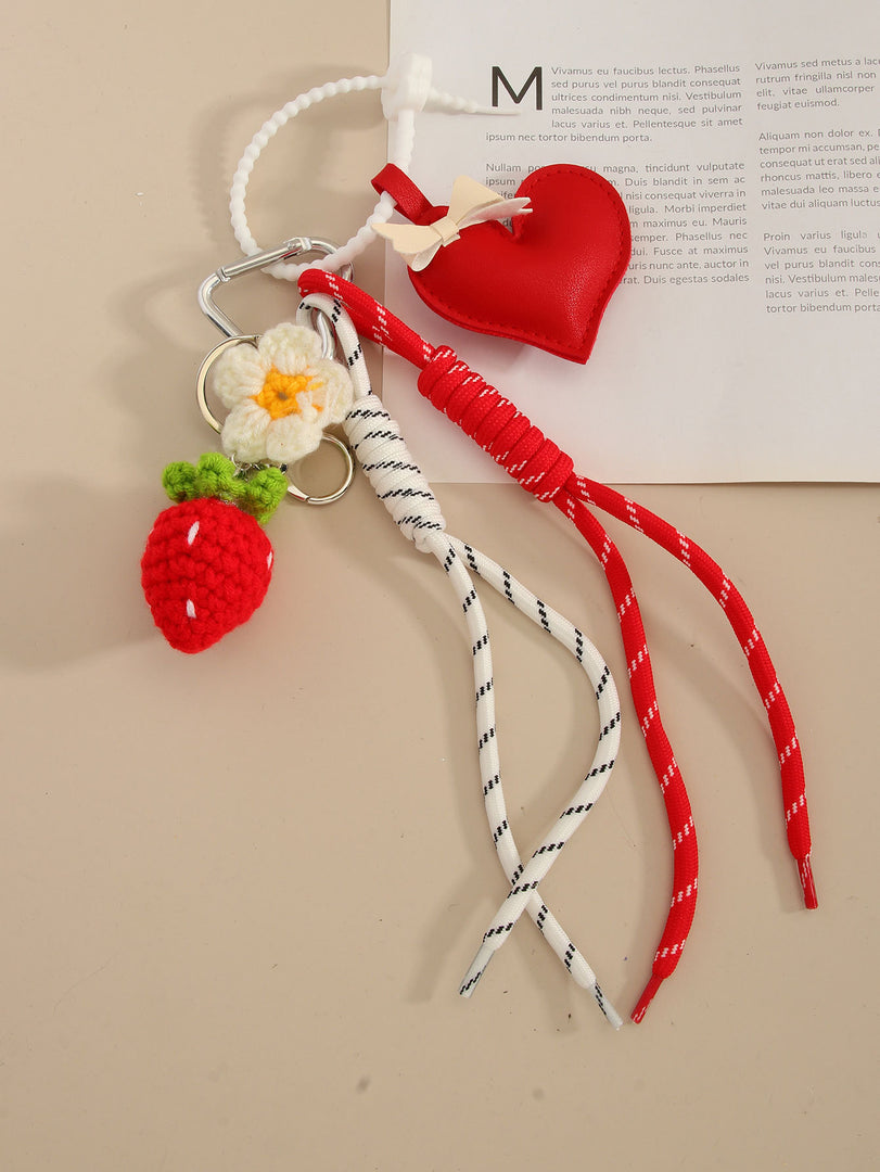 Heart Bow Strawberry Woven Rope Bag Charm Keychain  S5P939