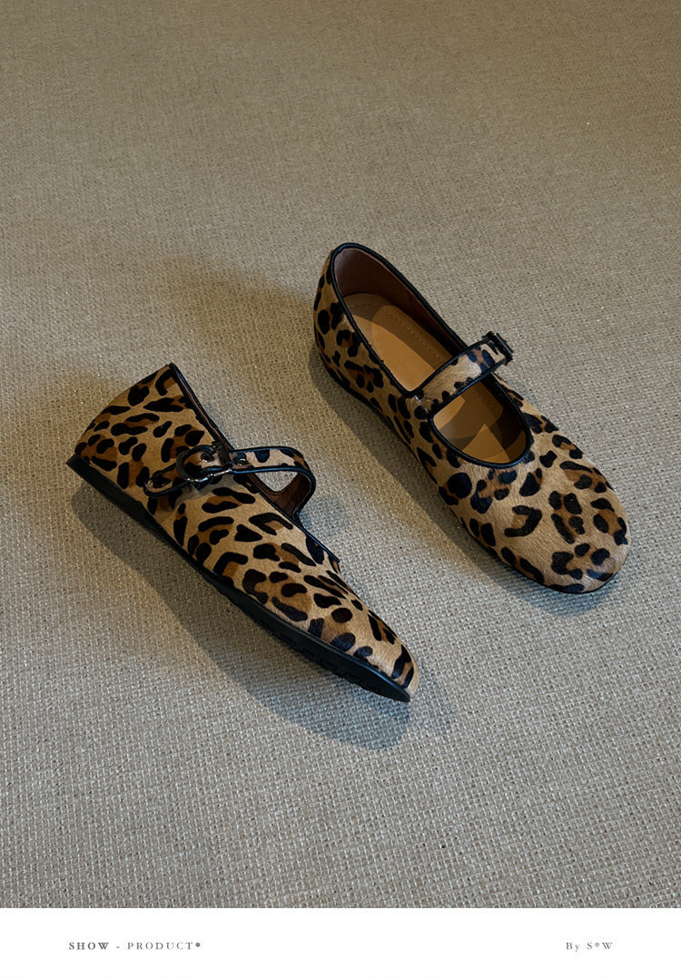 Retro Round Toe Leopard Pony Hair Mary Jane Flats N6C147