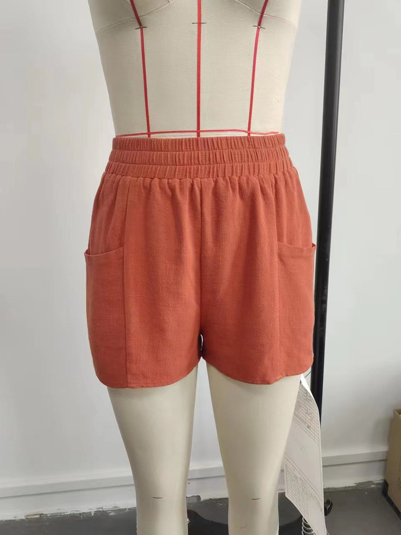 High Waist Casual Linen Shorts Women Dual Pocket N6F238