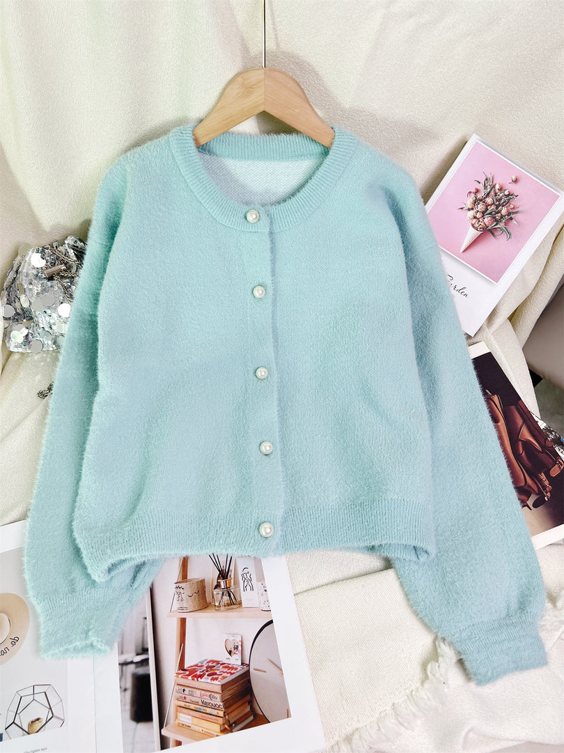 Faux Mink Pearl Button Cardigan Round Neck N6G141