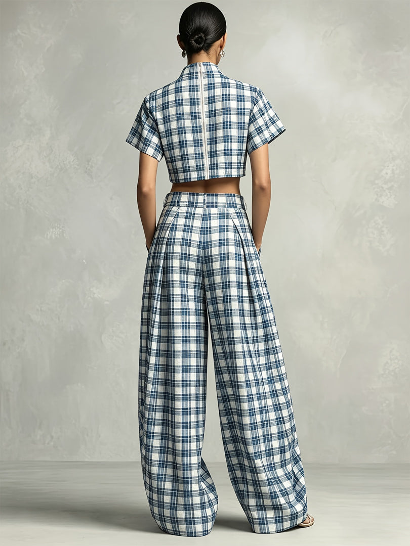 Check High Neck Crop Top and Wide Leg Pants Set  N6D105
