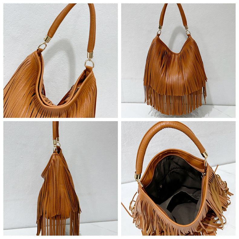 Soft Leather Double-Sided Fringe Tote Bag Women N6C222