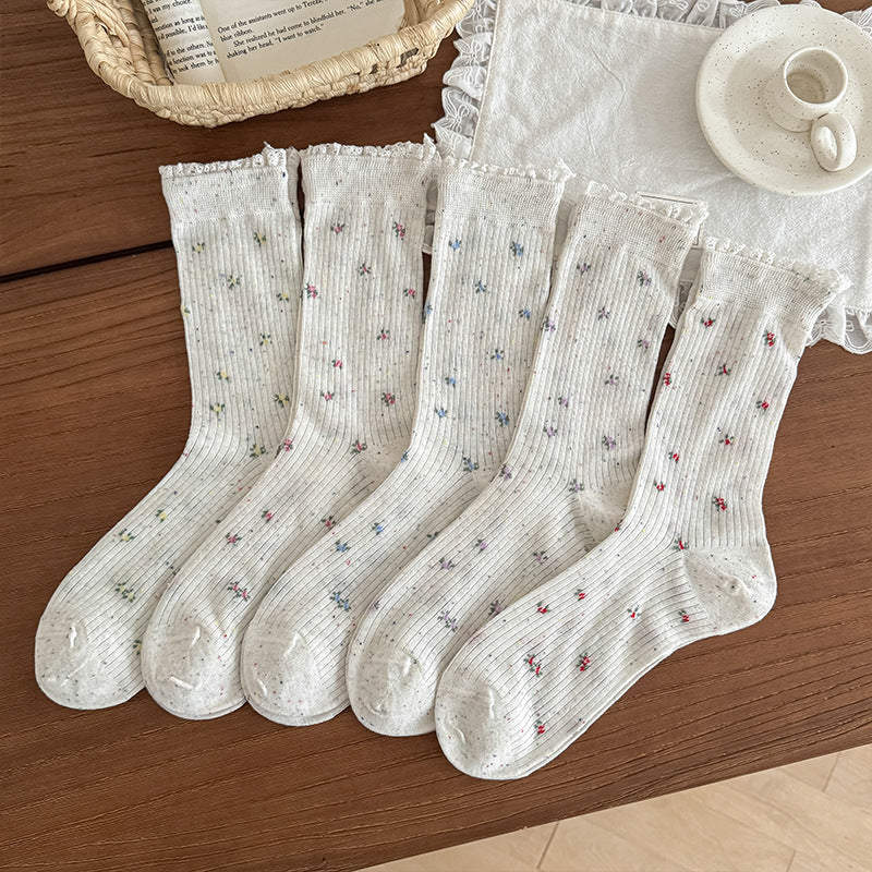 Sweet Floral Lace Trim Mid-Calf Socks Women Cotton N6H027