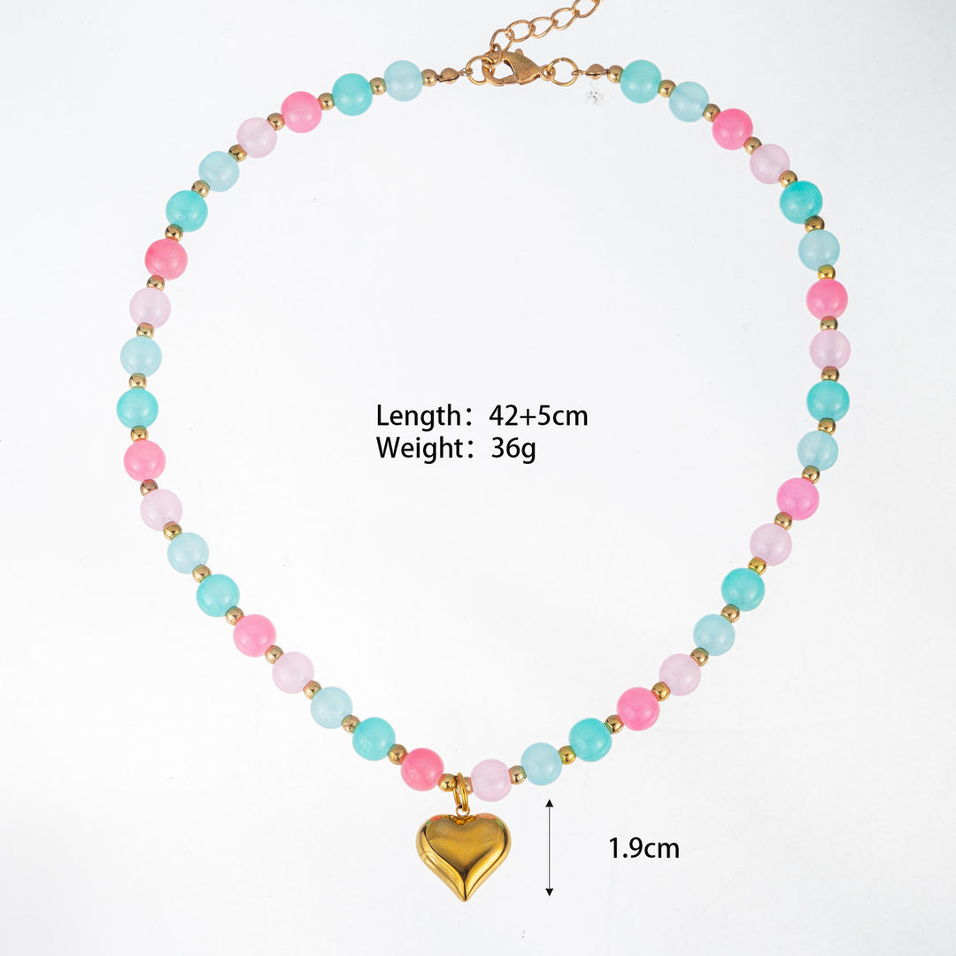 Heart Lucite Beaded Braided Necklace Stainless Steel  N6E120