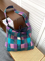 Load image into Gallery viewer, Women's Plaid Denim Tie-Closure Tote Bag N6J203