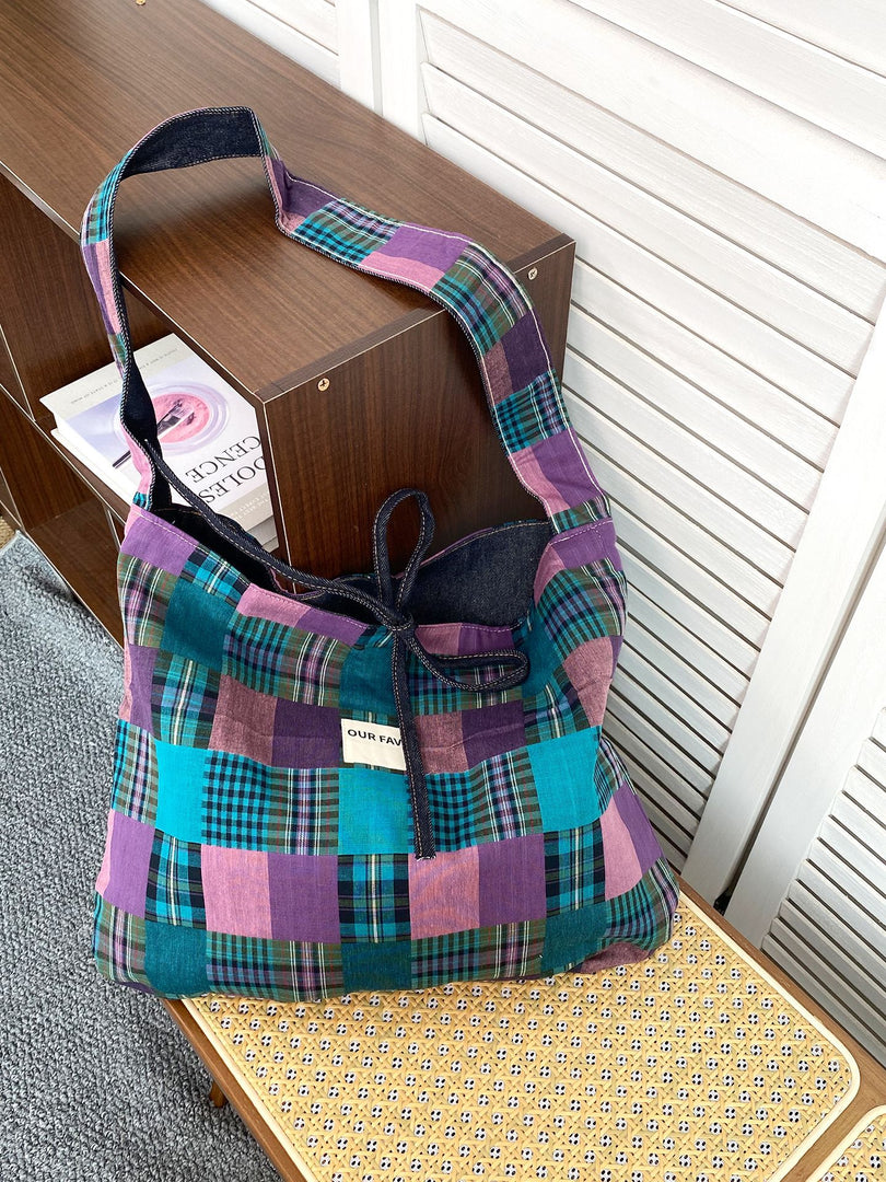 Women's Plaid Denim Tie-Closure Tote Bag N6J203