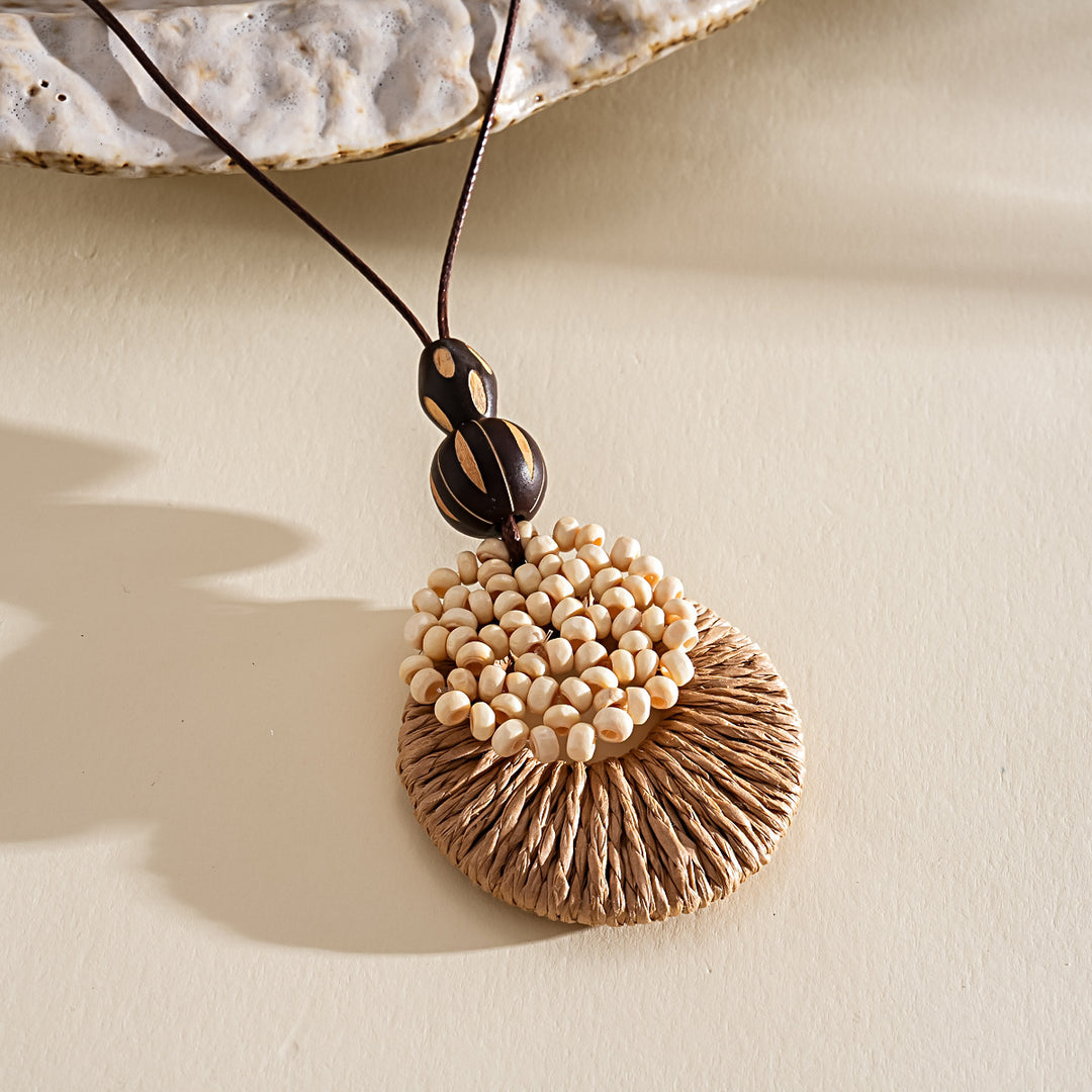 Leather Cord Wood Resin Raffia Drop Pendant Necklace N6H139
