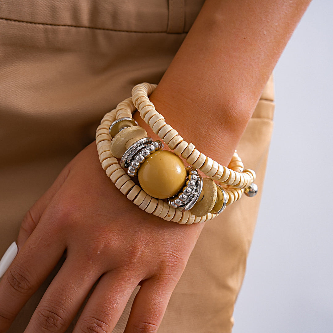 Vintage Wood Multi-Layer Geometric Beaded Bangle N6H071