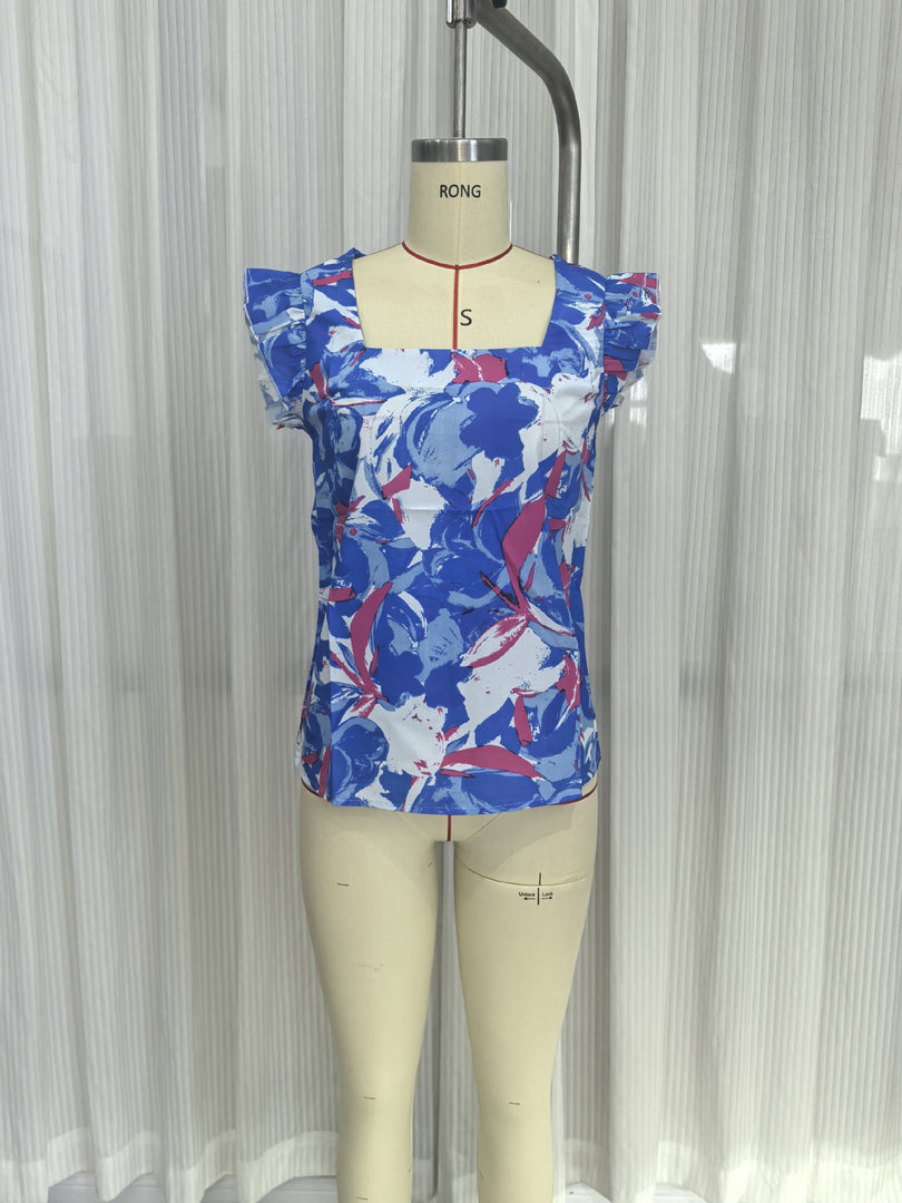 Floral Square Neck Ruffle Cap Sleeve Top Women N6F244