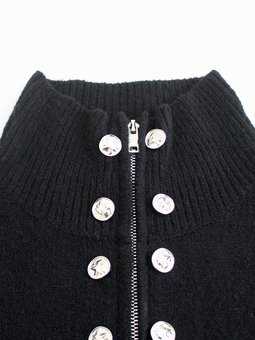 High Neck Zip Front Faux Button Knit Cardigan Women N6H270