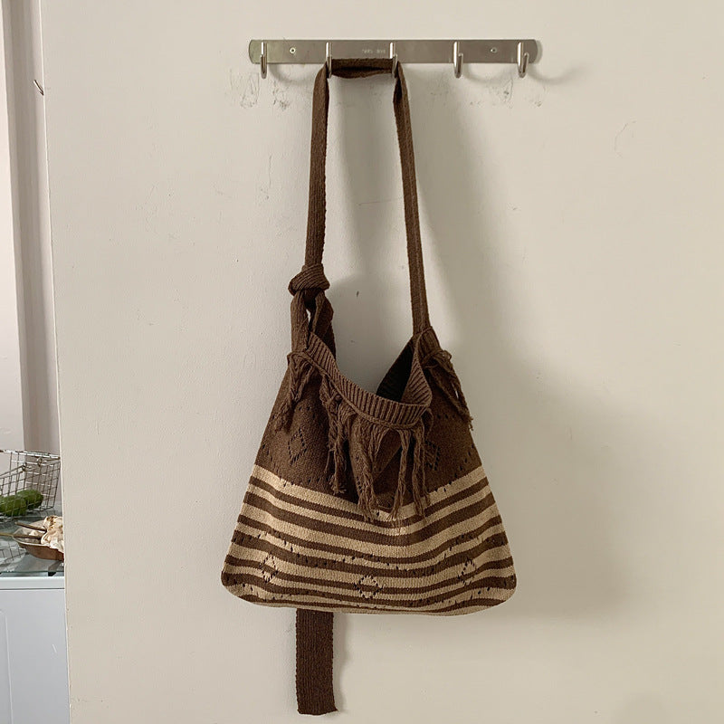 Striped Color Block Fringe Knit Crossbody Tote Bag N6C055