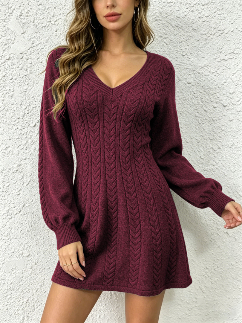 Sexy V-Neck Cable Knit Sweater Dress Short Women N6G280