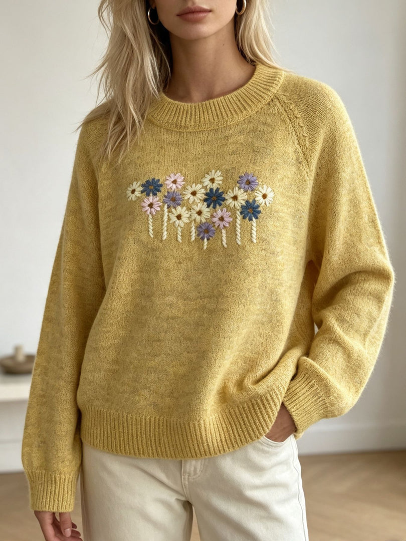 Daisy Floral Round Neck Loose Pullover Sweater N6H282