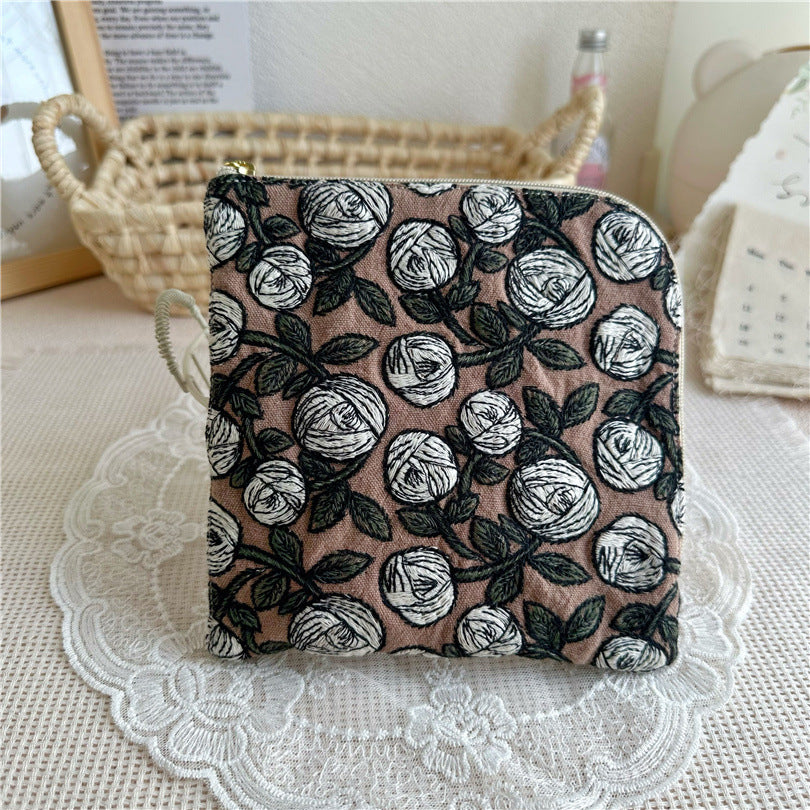 Embroidered Cotton Square Pouch L-Zipper Organizer S5P286