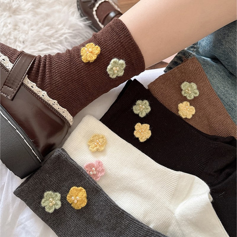 Pearl Flower Fresh Mid-Calf Socks Women Soft Cotton N6H037