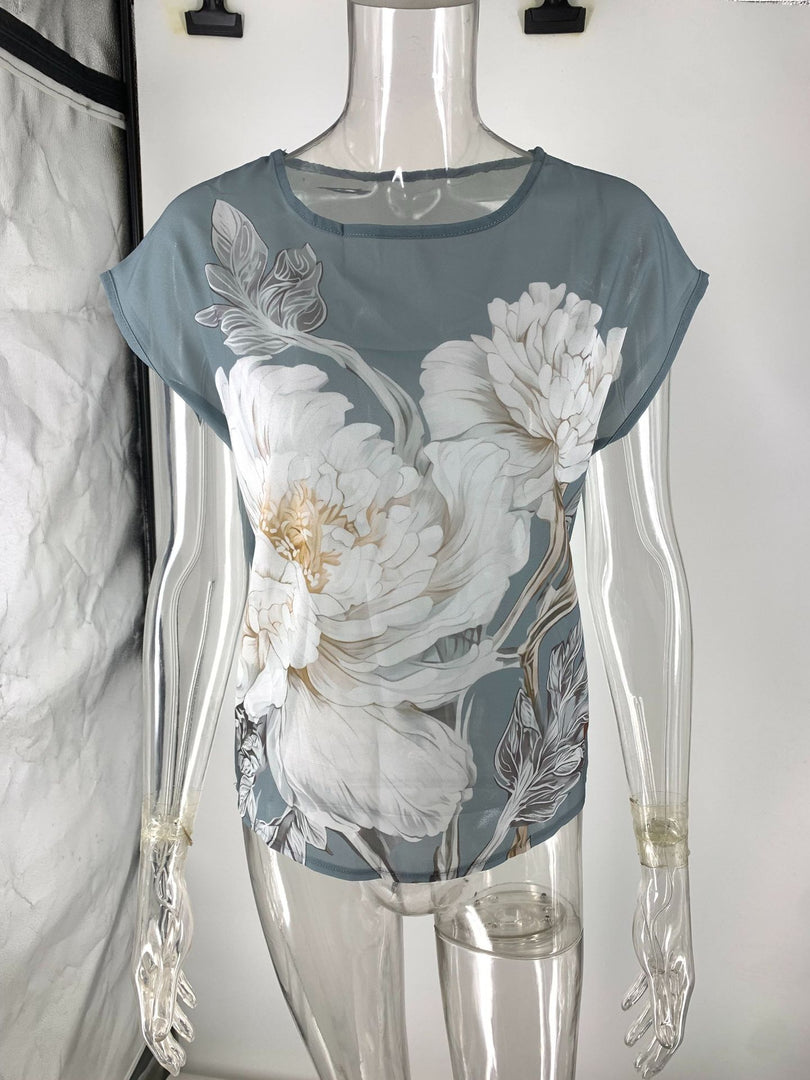 Gray Floral Print Chiffon Short Sleeve T-Shirt Women N6F247